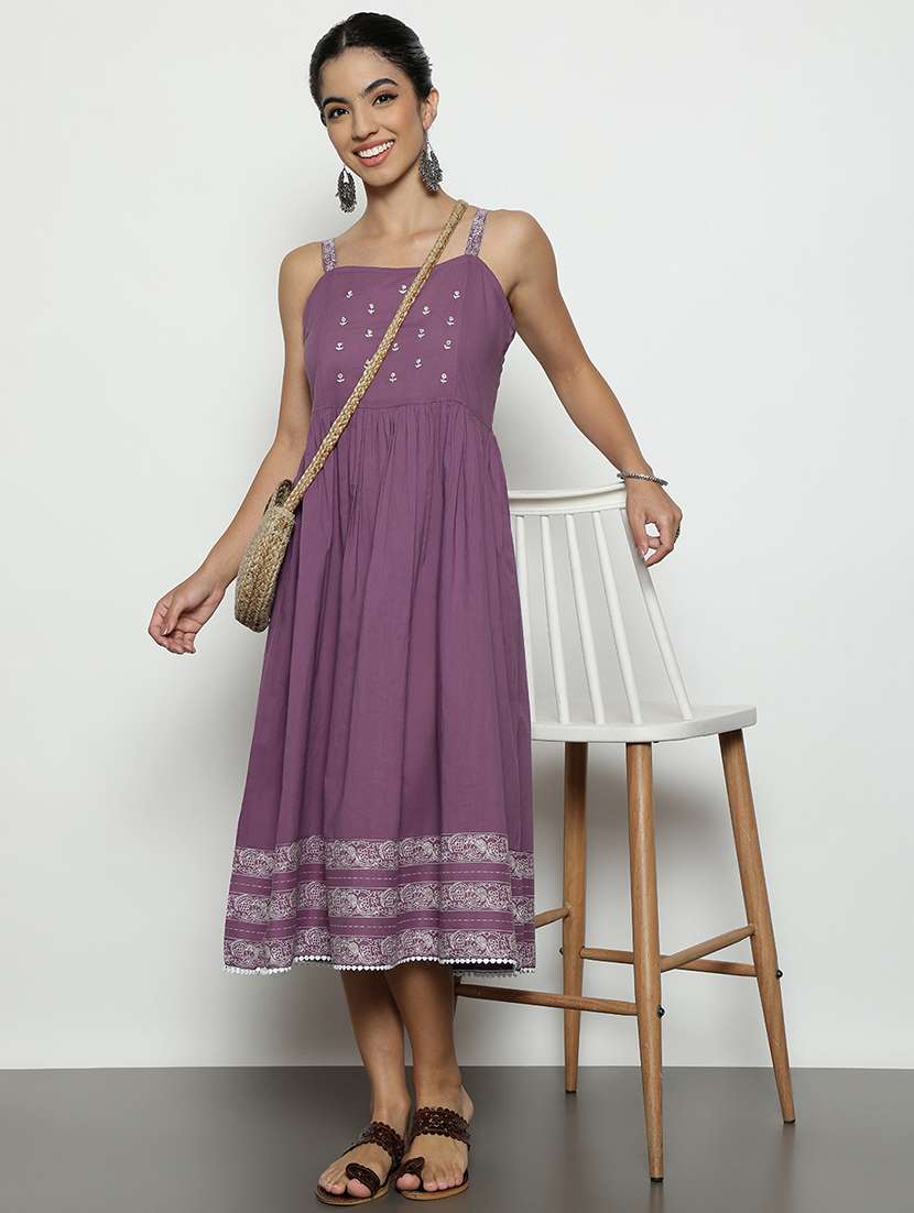 women printed shoulder strap fit and flare dress