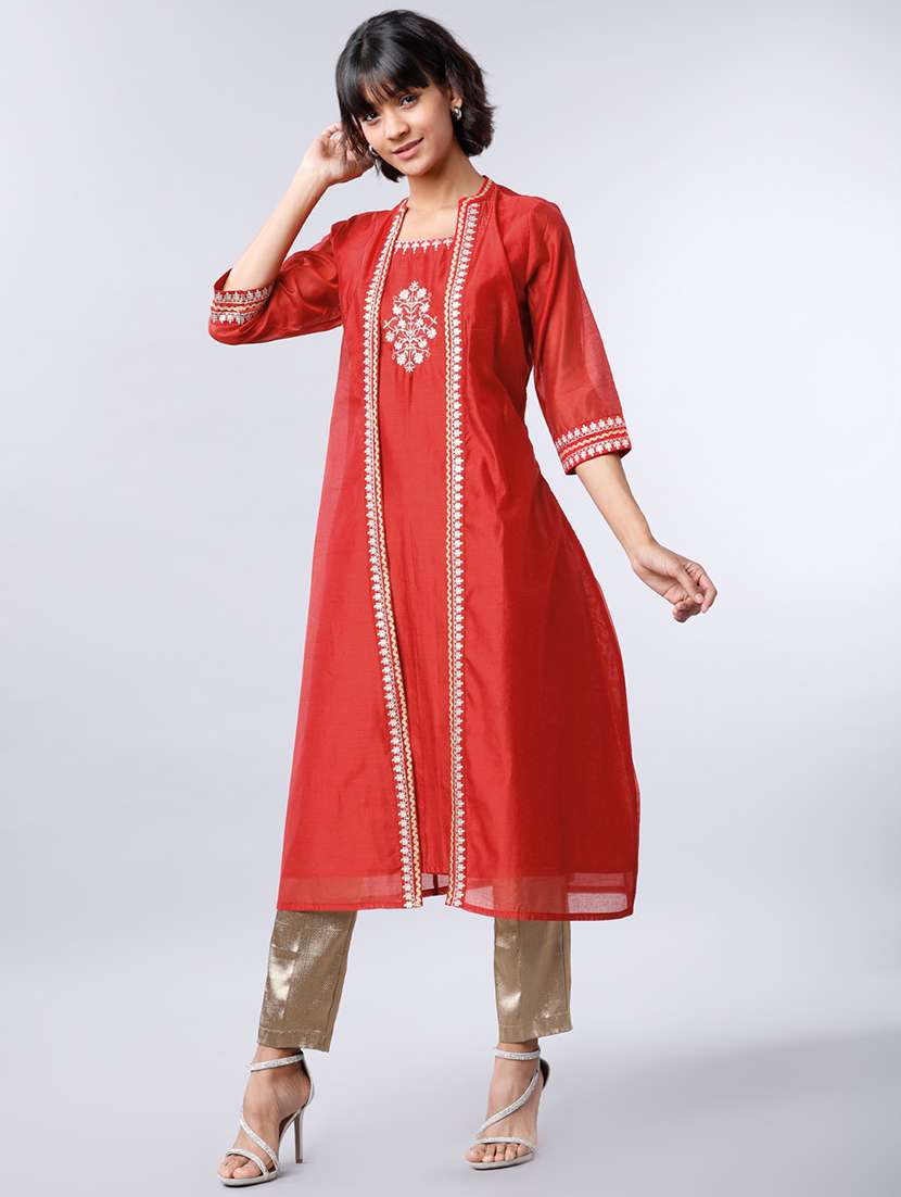 women embroidered mandarin collar a-line kurta