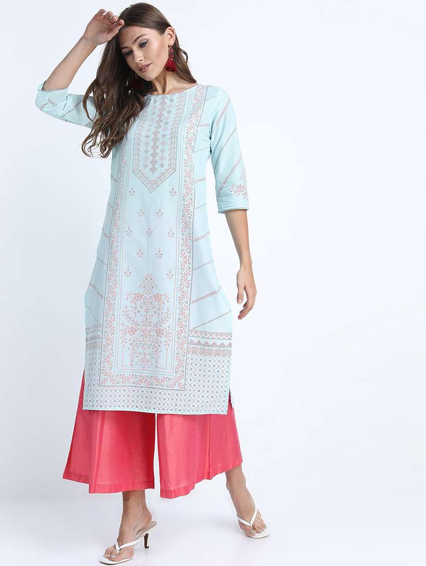 women printed round neck straight kurta