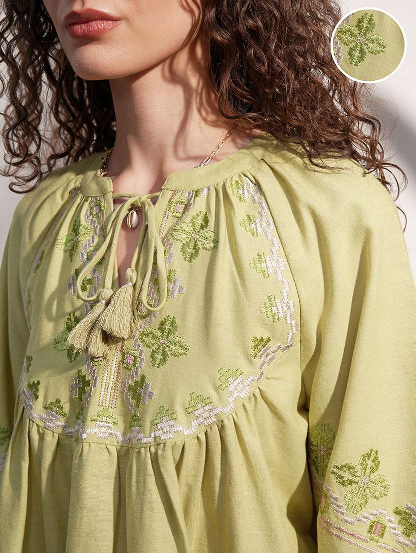 women embroidered tie up neck flared top - 22499570 -  Standard Image - 1