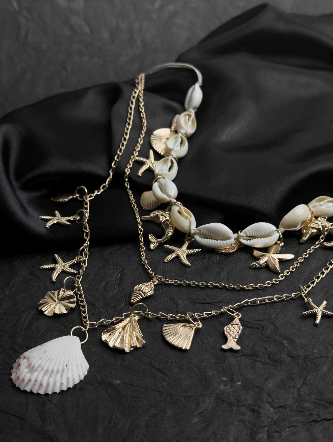 layered shell & charm necklace for women with golden chains