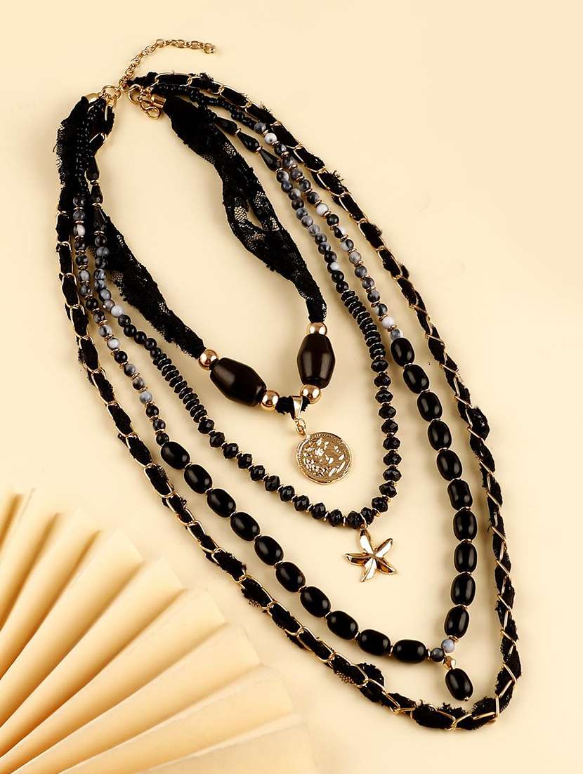 black cotton thread metal beads layered statement necklace