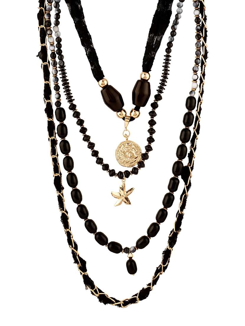black cotton thread metal beads layered statement necklace - 22499750 -  Standard Image - 4