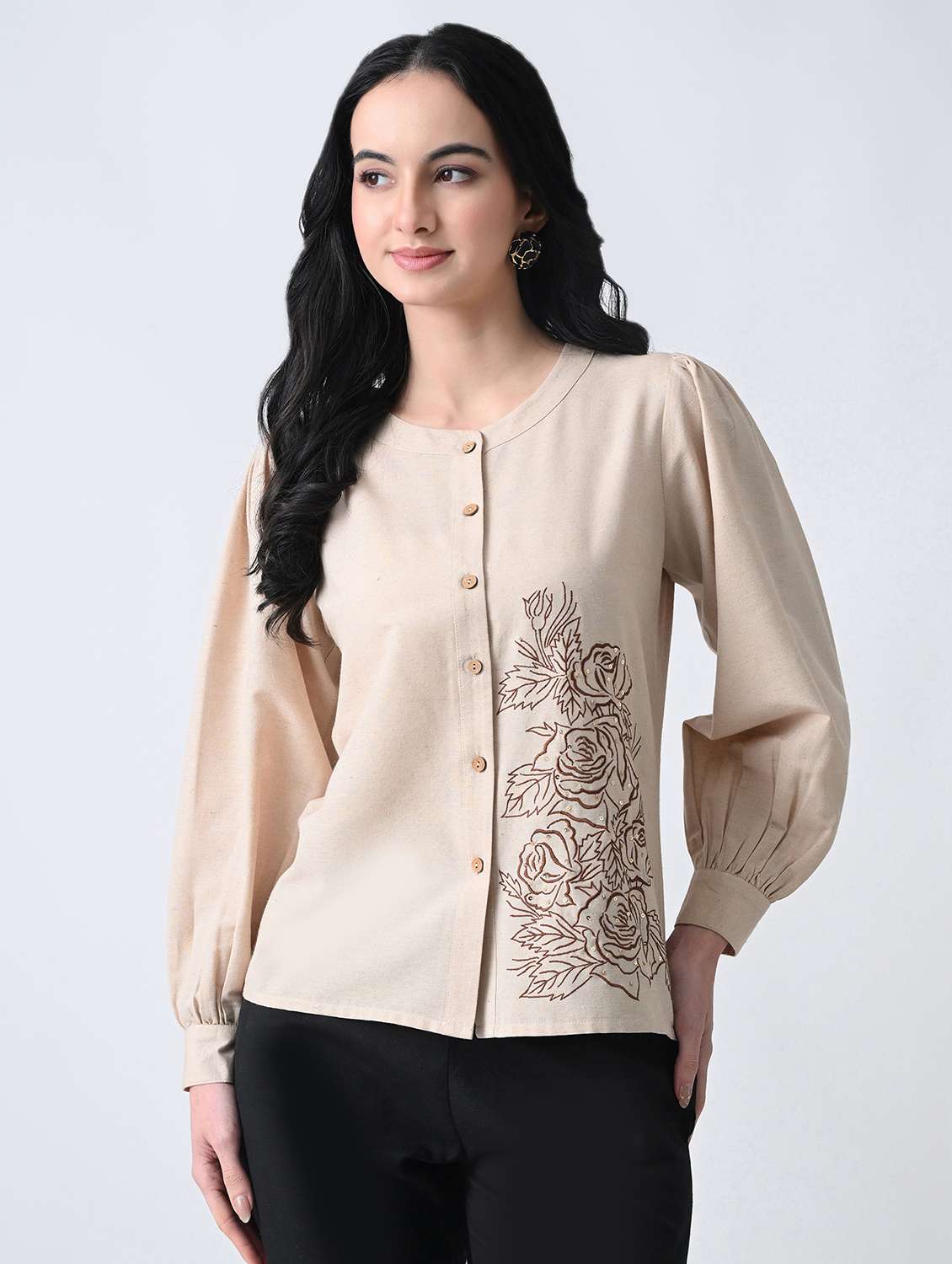 women embroidered puff sleeves regular fit shirt