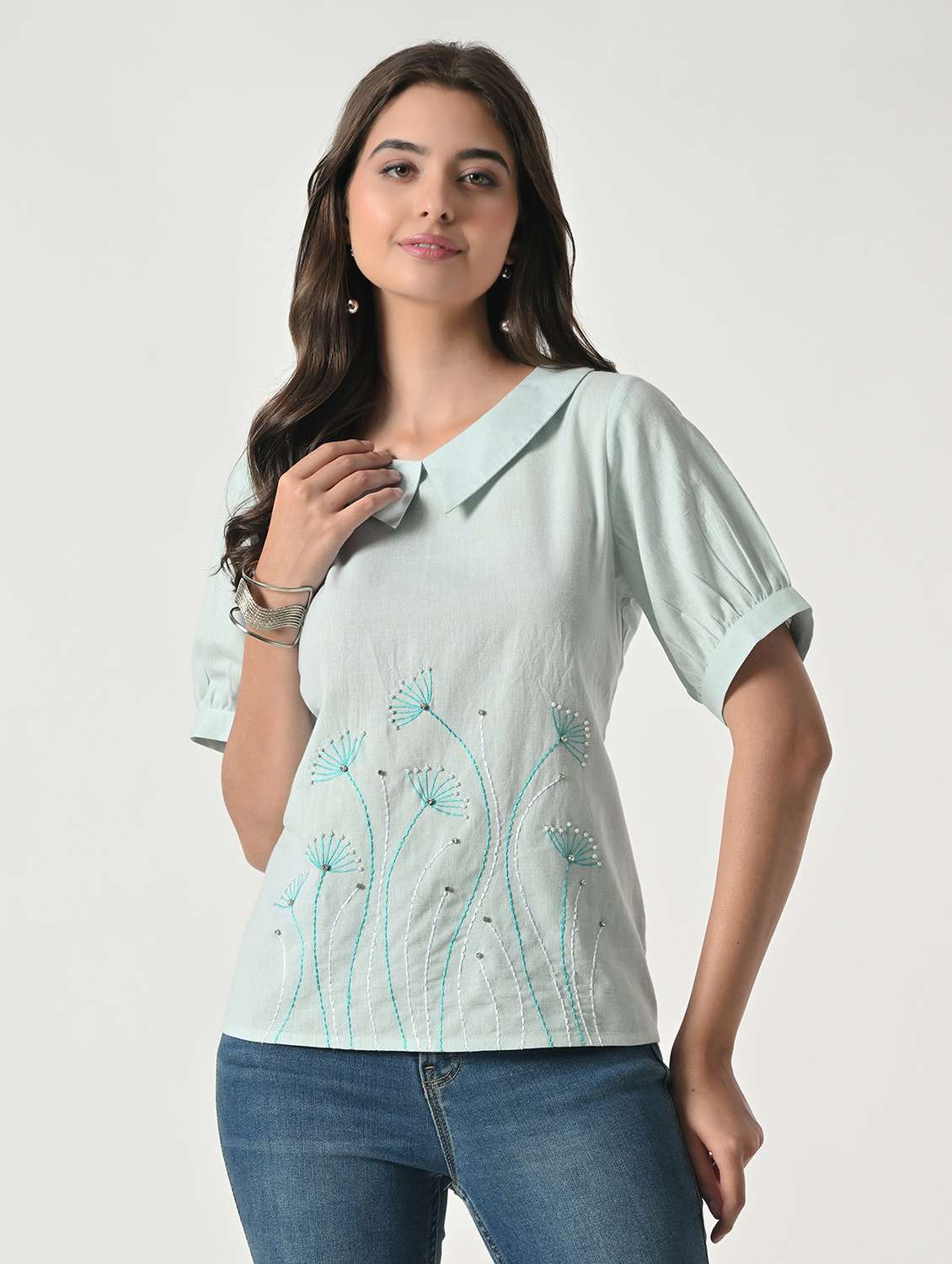 women embroidered short sleeves regular fit top
