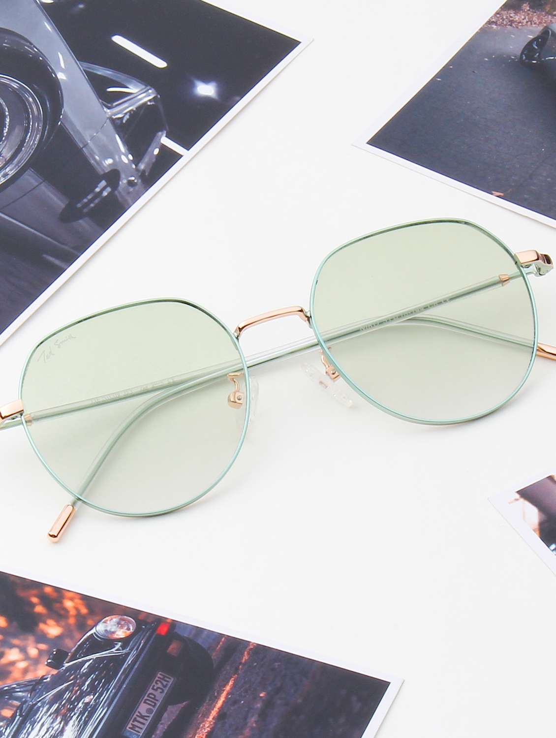 ted smith unisex round metal blue-green sunglasses with polarized lenses