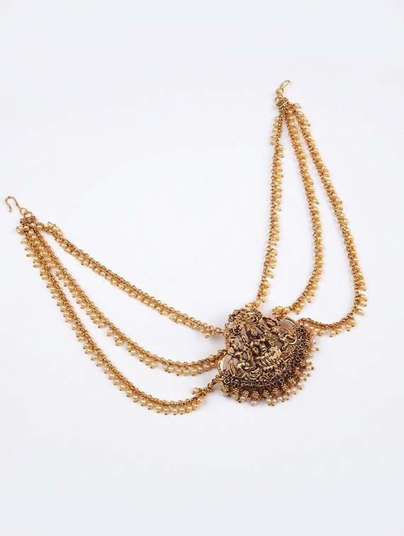 gold plated temple padlakshmi hair brooch with pearl chain - 22500023 -  Standard Image - 1