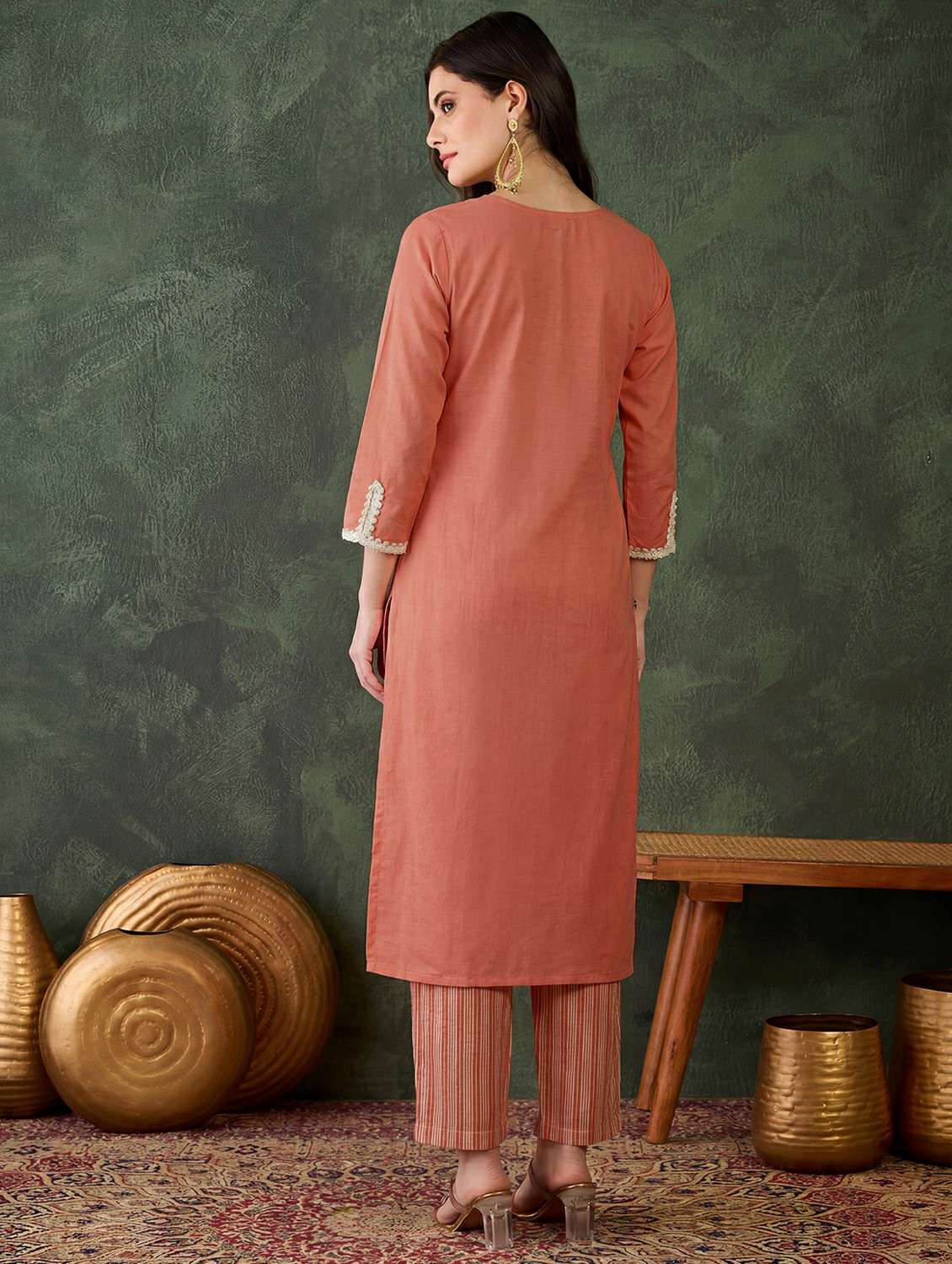 women solid three quarter sleeve kurta pant set - 22500169 -  Standard Image - 4