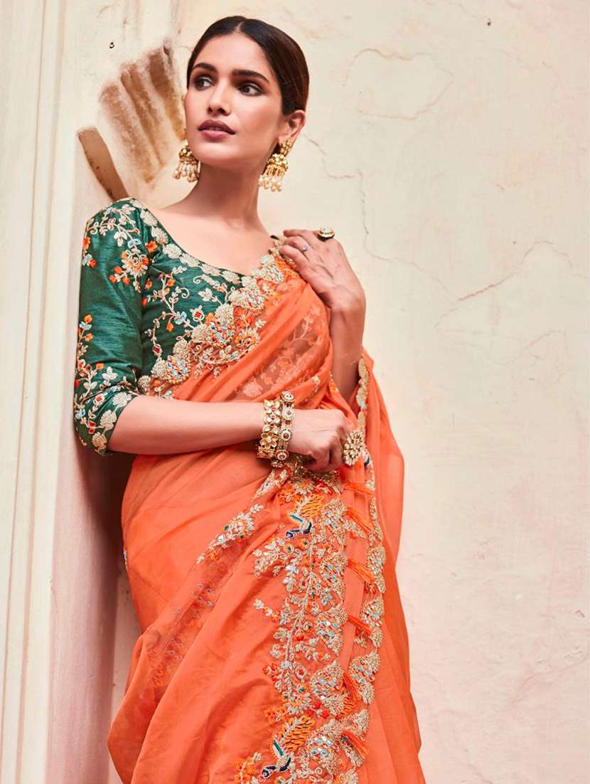 Women Solid With Work Embroidered Saree With Blouse - 22500260 -  Standard Image - 1