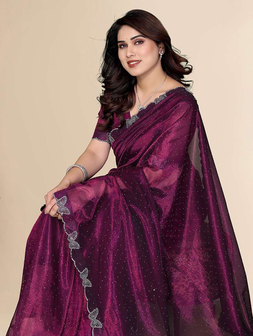 women solid with work embellished saree with blouse - 22500271 -  Standard Image - 1