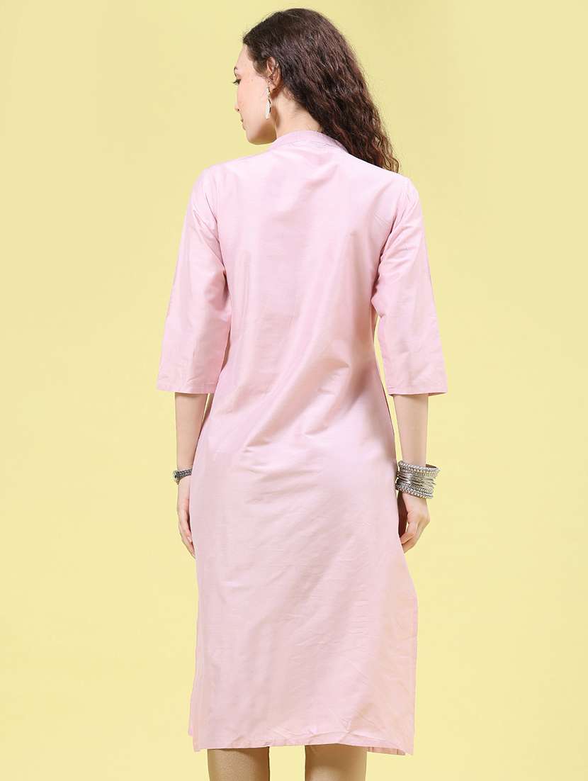 Women Solid With Work Three Quarter Sleeve Straight Kurta - 22500859 -  Standard Image - 4