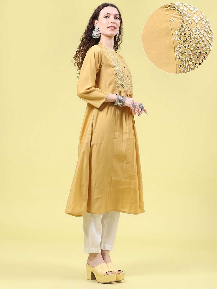 Women Solid With Work Three Quarter Sleeve A-line Kurta - 22501508 -  Standard Image - 4
