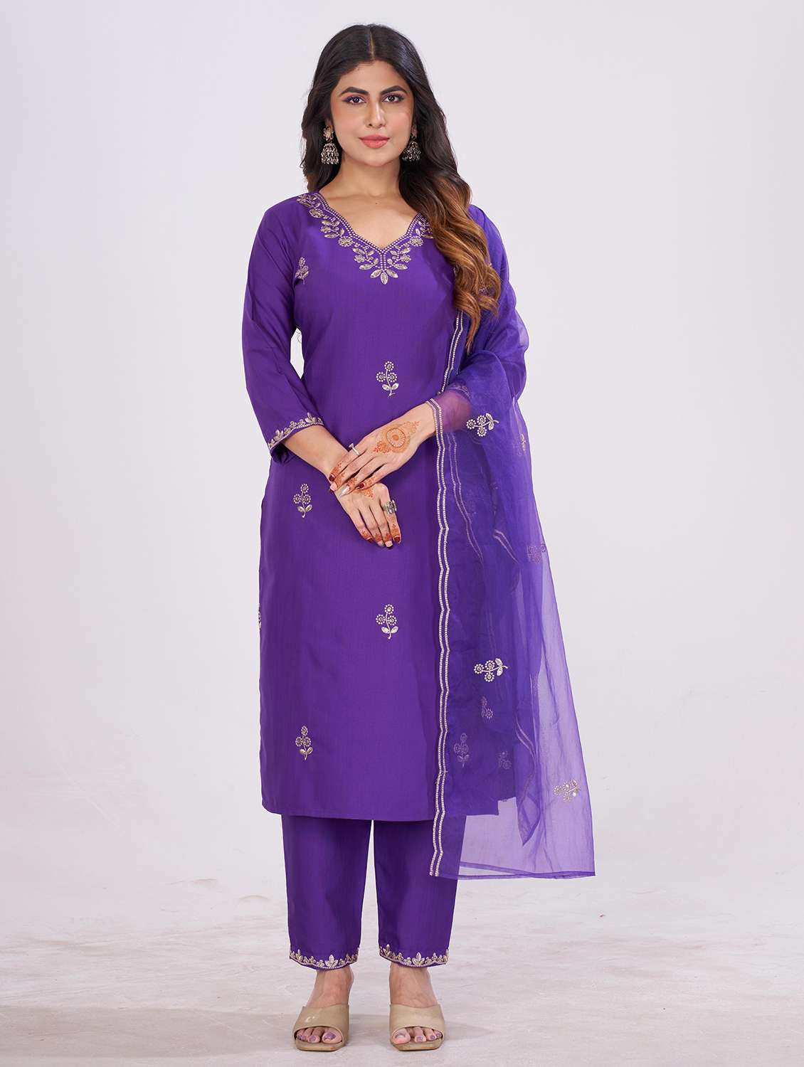 women solid with work three quarter sleeve kurta pant with dupatta set - 22501894 -  Standard Image - 1