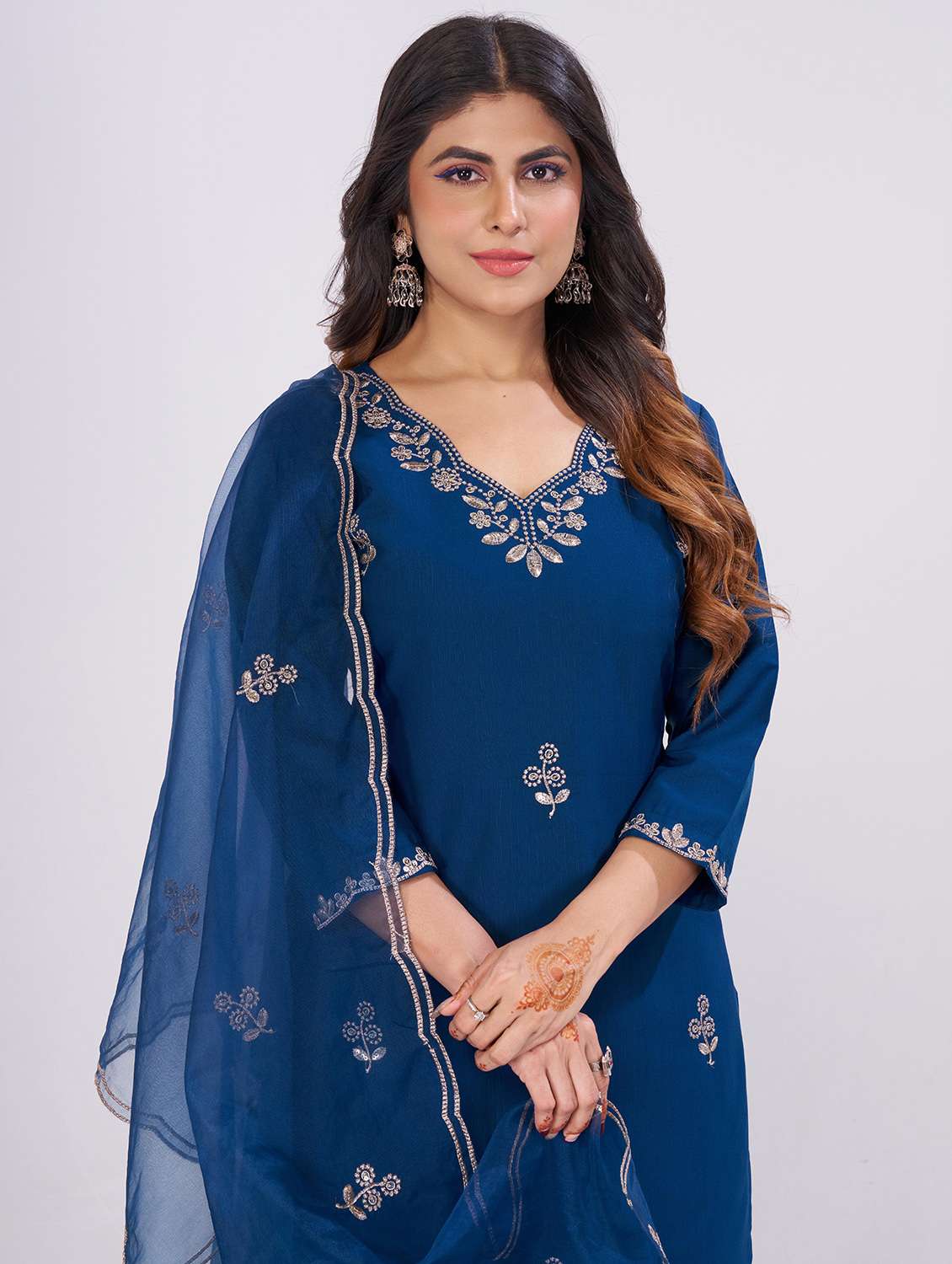 women solid with work three quarter sleeve kurta pant with dupatta set - 22501895 -  Standard Image - 1