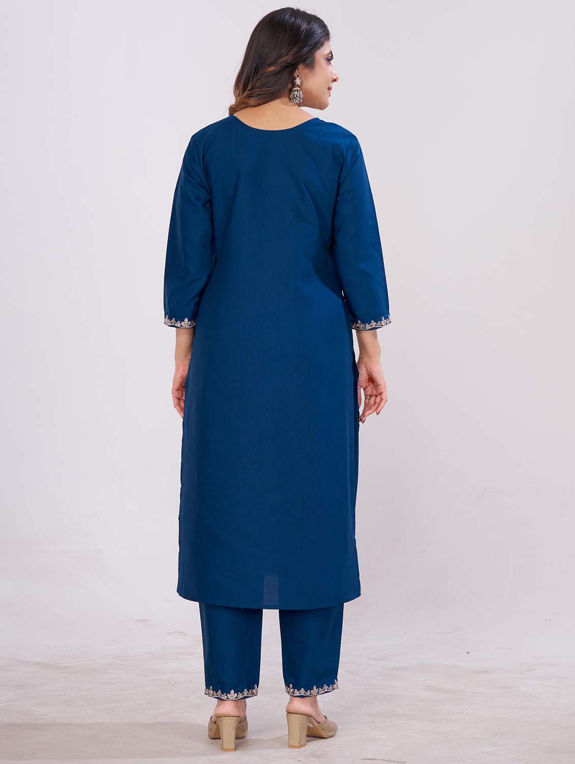 women solid with work three quarter sleeve kurta pant with dupatta set - 22501895 -  Standard Image - 4