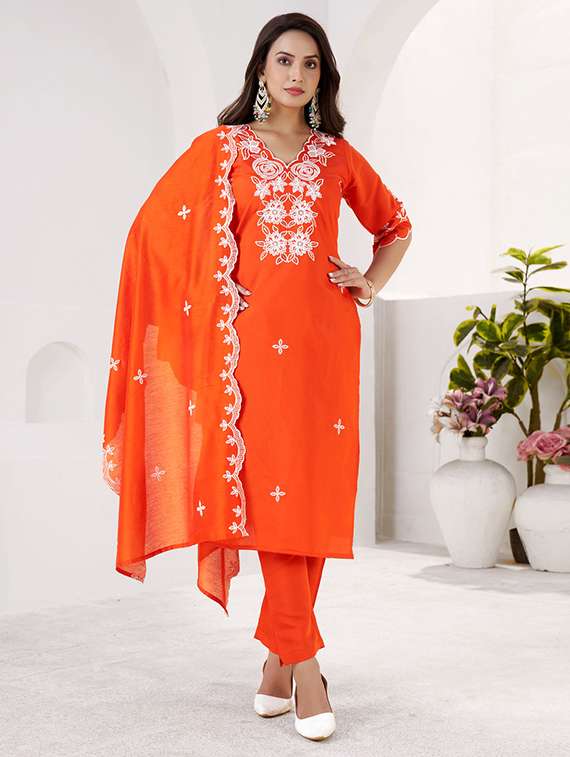 women solid with work three quarter sleeve kurta pant with dupatta set