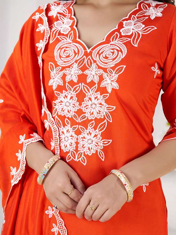 women solid with work three quarter sleeve kurta pant with dupatta set - 22501896 -  Standard Image - 1