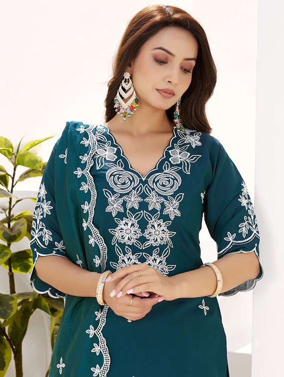 women solid with work three quarter sleeve kurta pant with dupatta set - 22501897 -  Standard Image - 1