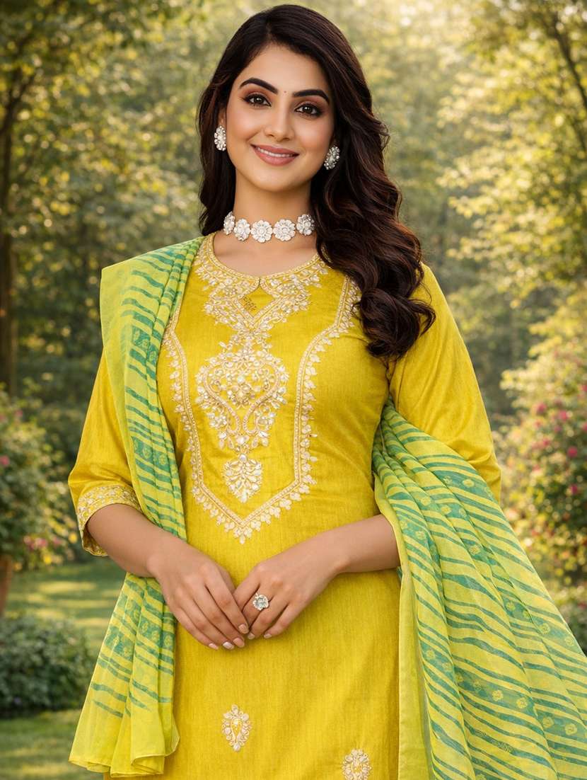 women solid with work three quarter sleeve kurta pant with dupatta set - 22501898 -  Standard Image - 1