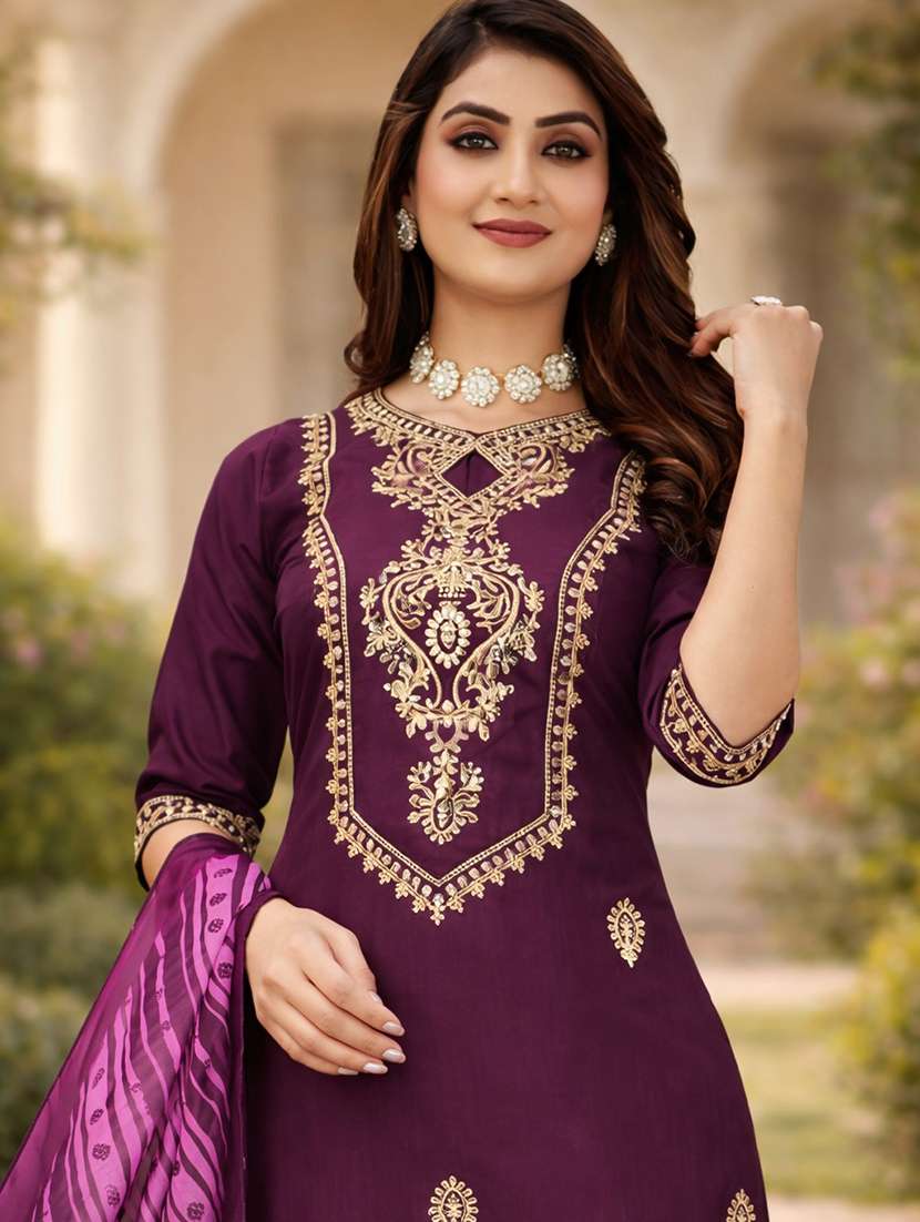 women solid with work three quarter sleeve kurta pant with dupatta set - 22501899 -  Standard Image - 1