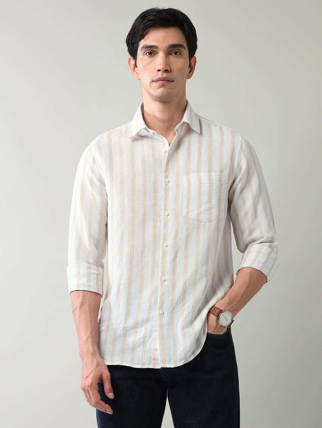 men striped long sleeve slim fit casual shirt