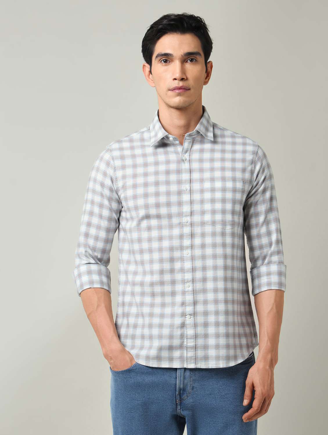 men checkered long sleeve slim fit casual shirt