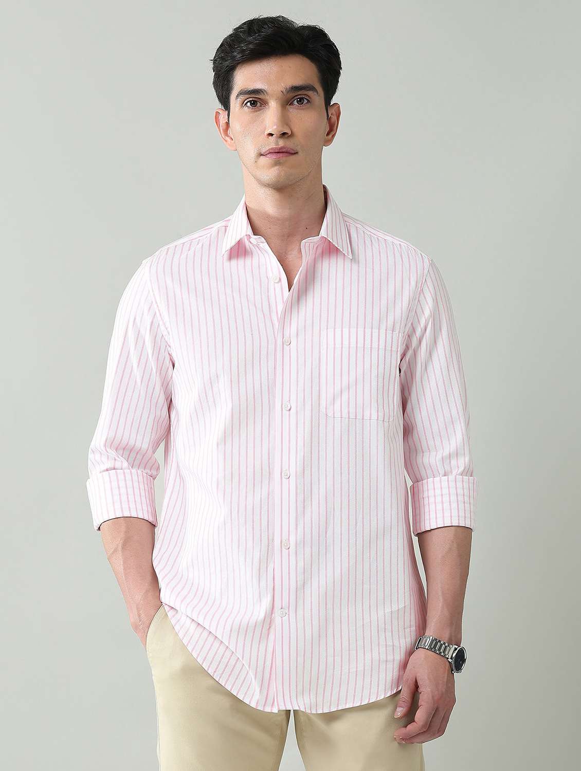men striped long sleeve regular fit casual shirt
