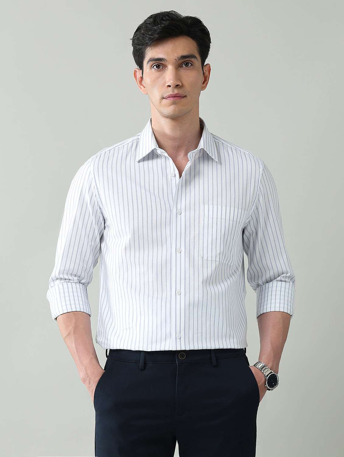 men striped long sleeve regular fit casual shirt