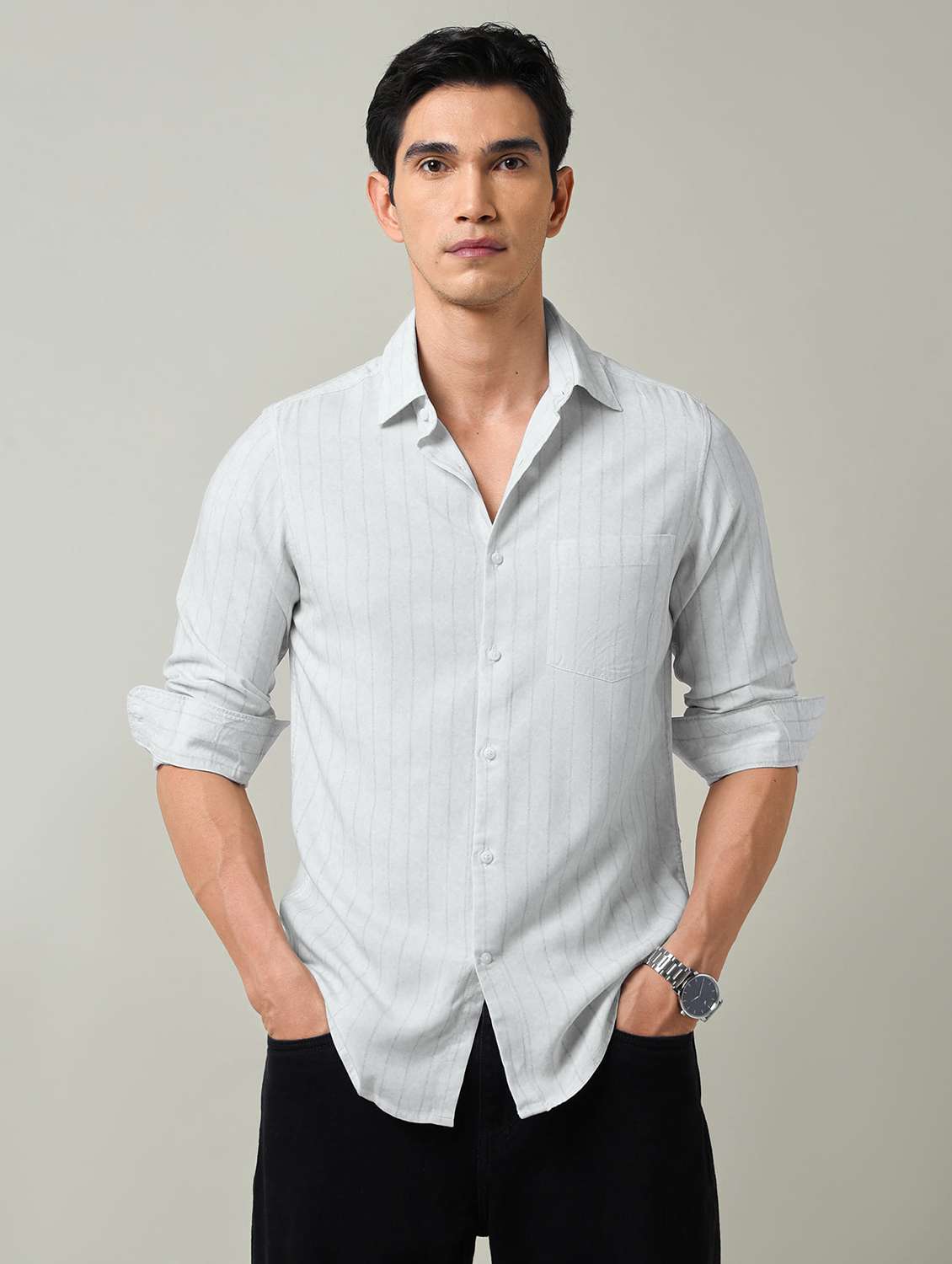men striped long sleeve slim fit casual shirt