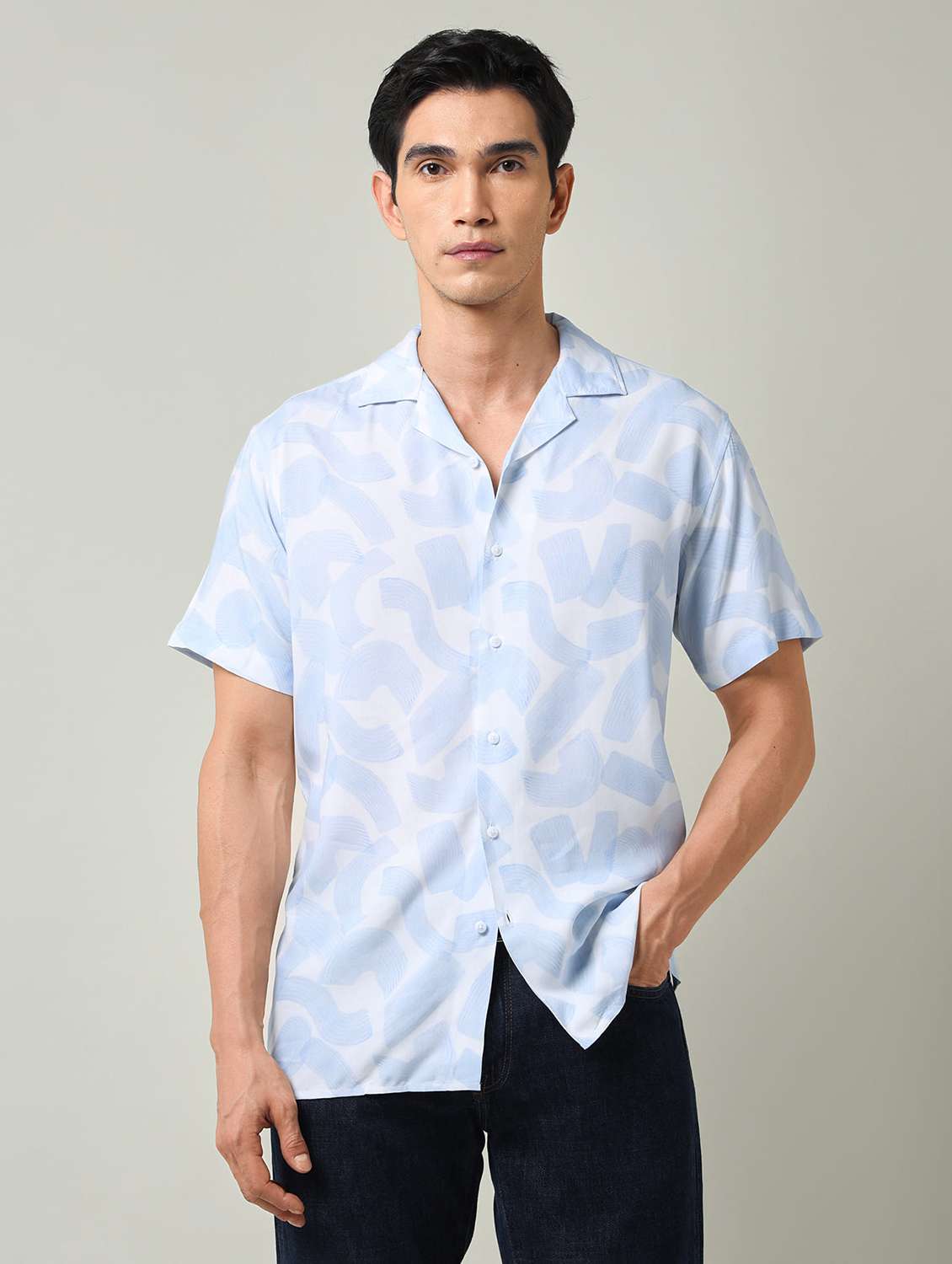men printed short sleeve slim fit casual shirt