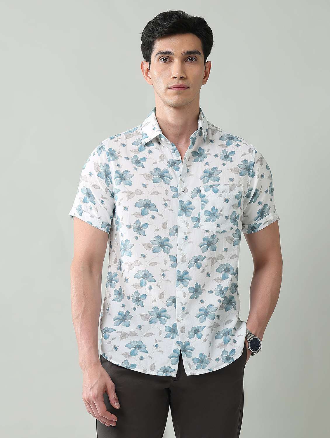 men printed short sleeve slim fit casual shirt
