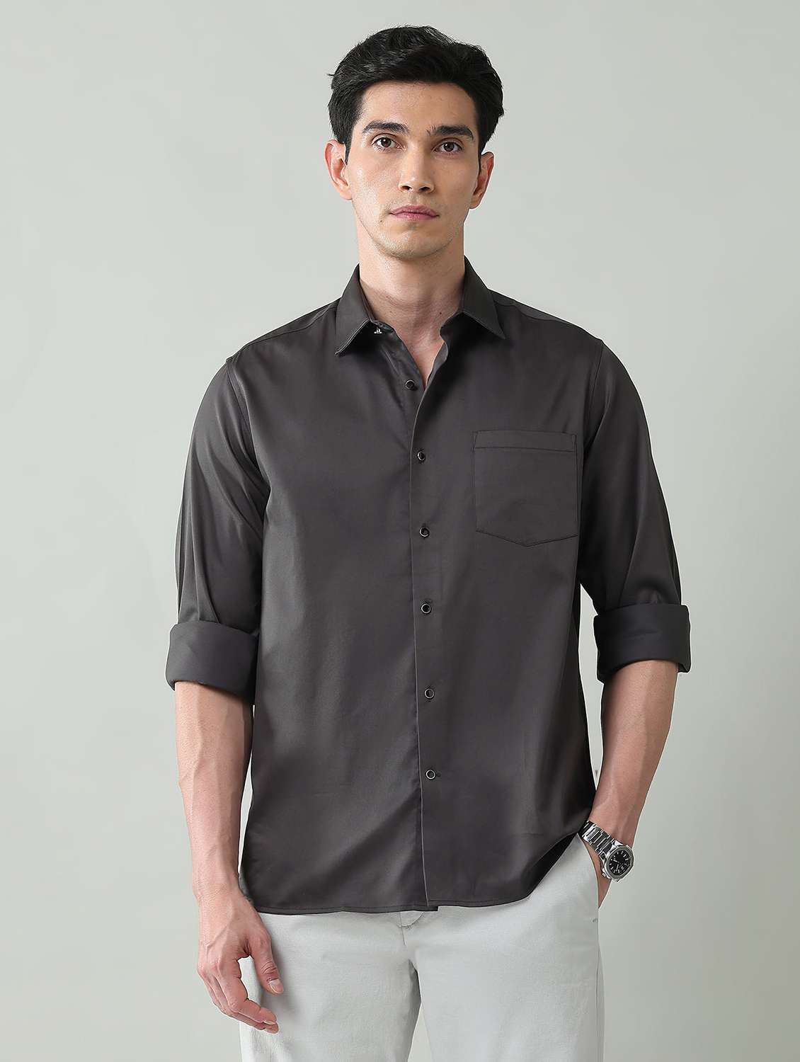 men solid long sleeve slim fit casual shirt