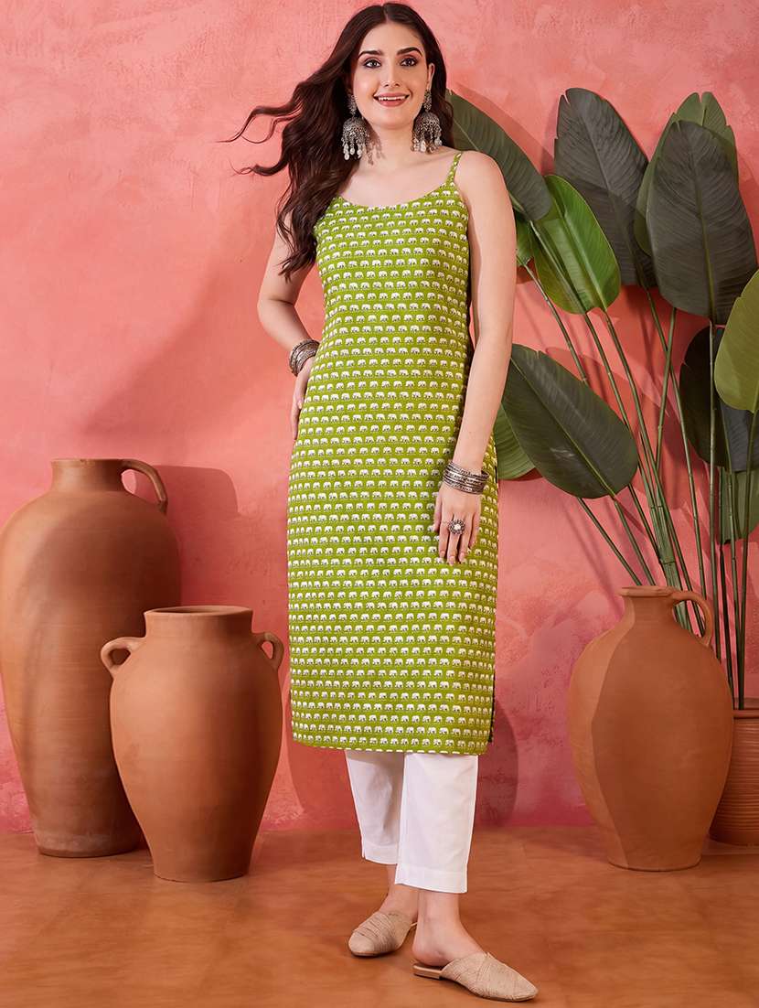 women printed shoulder strap straight kurta