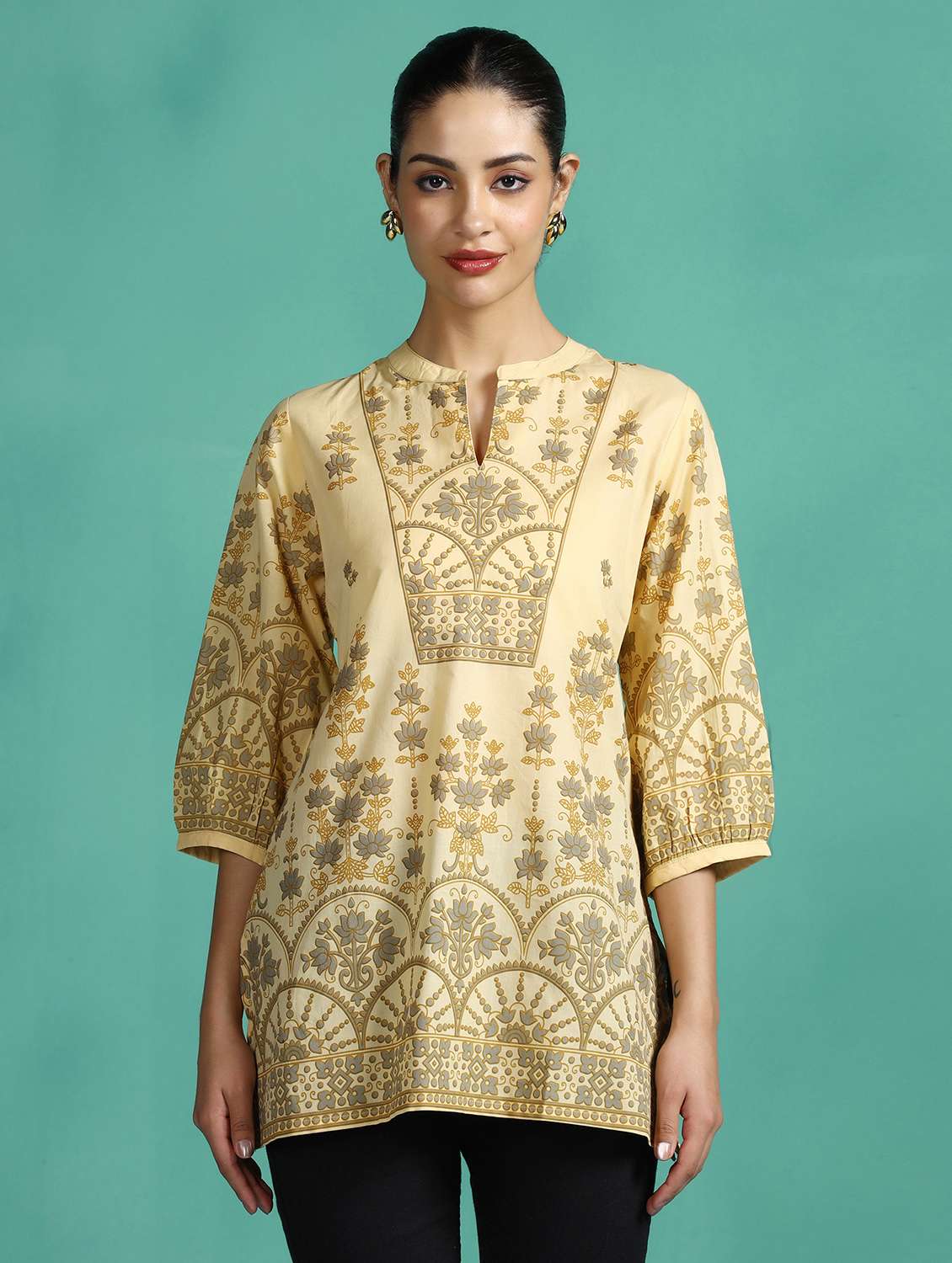 women printed mandarin collar kurti - 22502043 -  Standard Image - 1