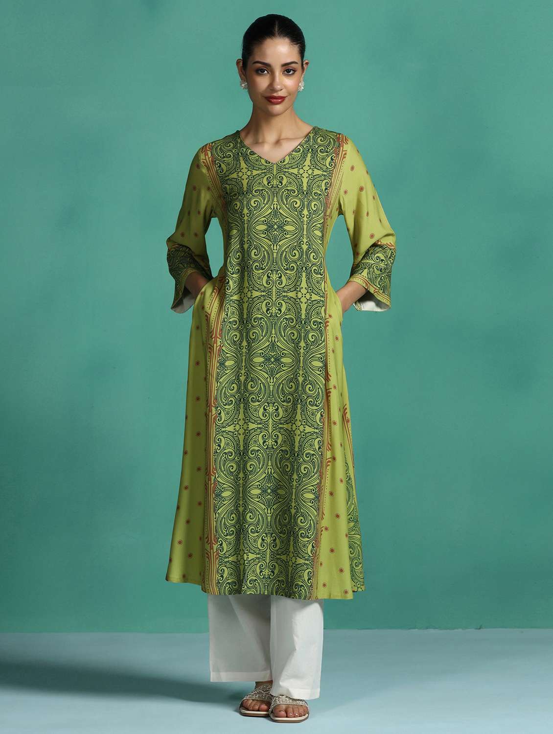 women printed three quarter sleeve a-line kurta