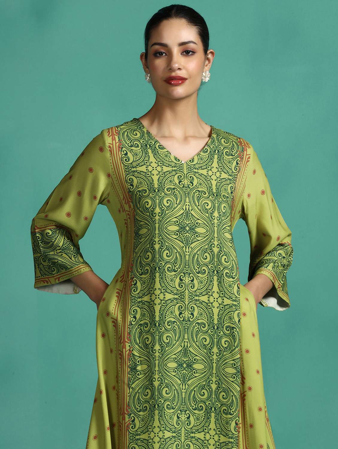 women printed three quarter sleeve a-line kurta - 22502050 -  Standard Image - 1