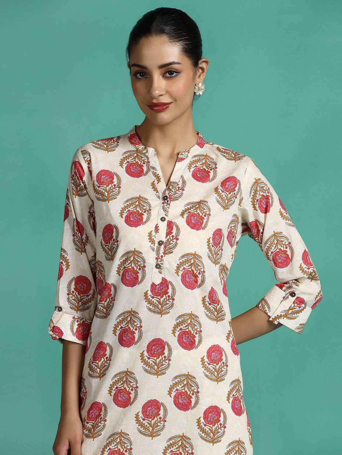 women floral printed three quarter sleeve straight kurta - 22502061 -  Standard Image - 1