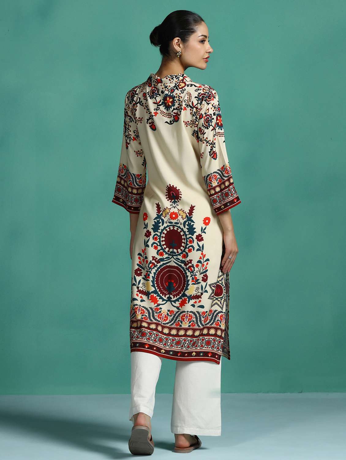 women printed three quarter sleeve a-line kurta - 22502066 -  Standard Image - 4