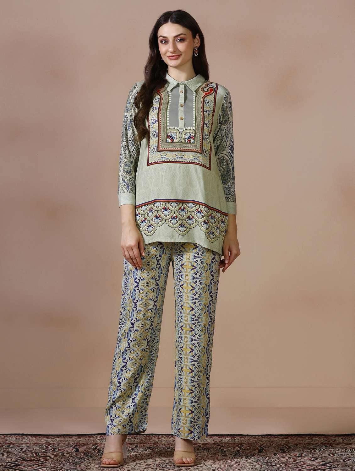 women printed three quarter sleeve ethnic co-ord set - 22502084 -  Standard Image - 1