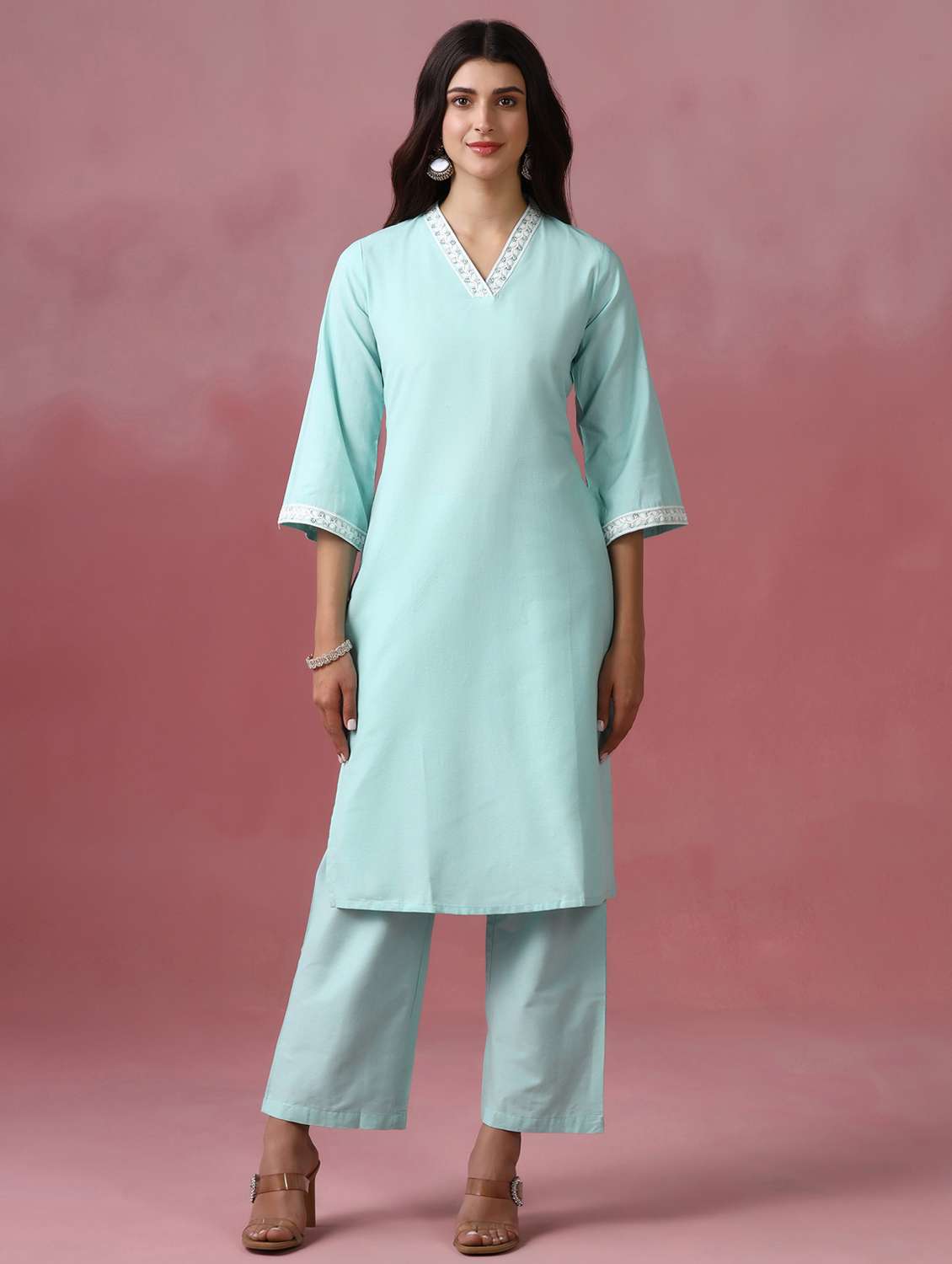 women solid three quarter sleeve kurta pant set - 22502090 -  Standard Image - 1