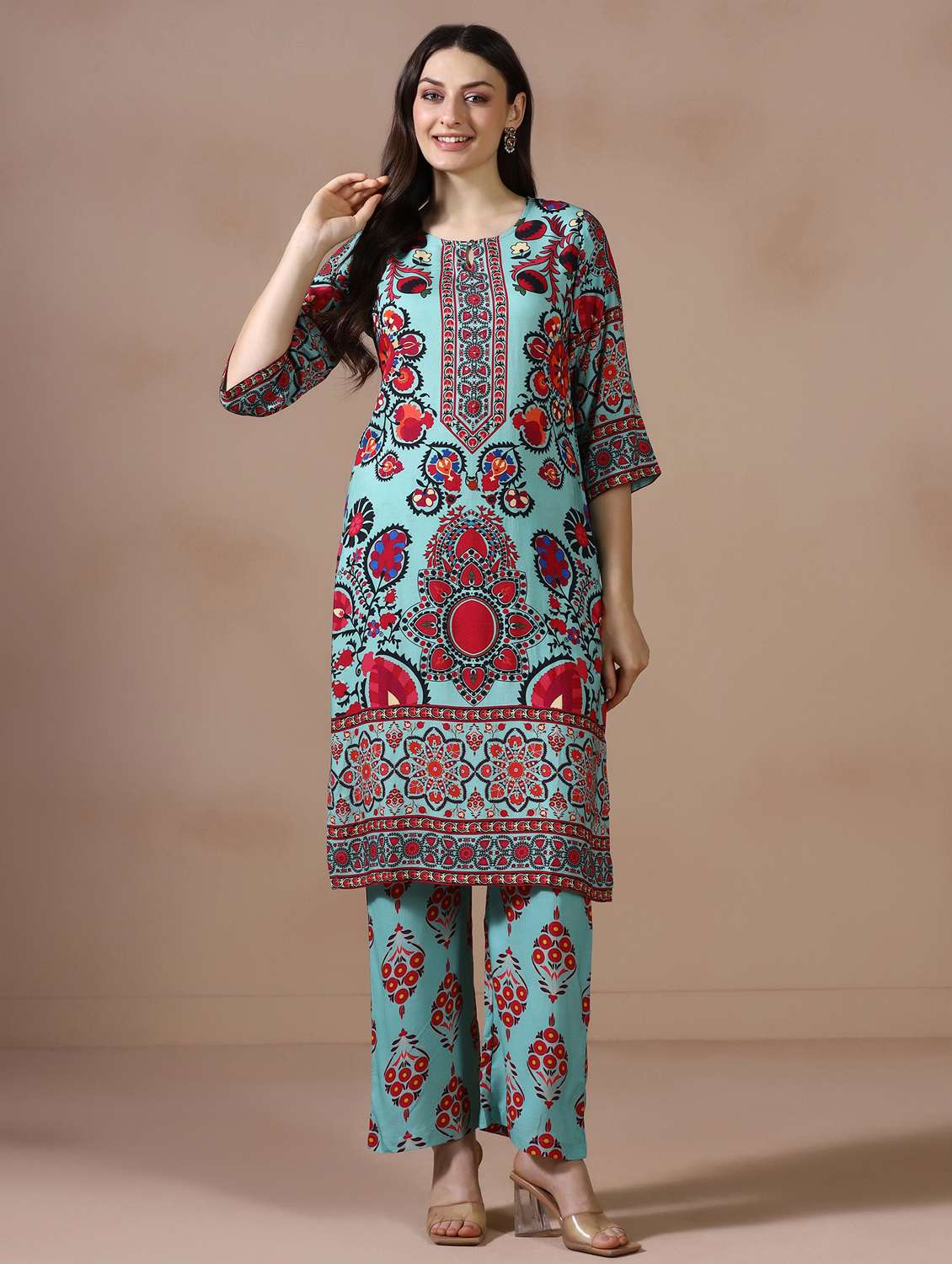 women printed three quarter sleeve kurta pant set - 22502095 -  Standard Image - 1