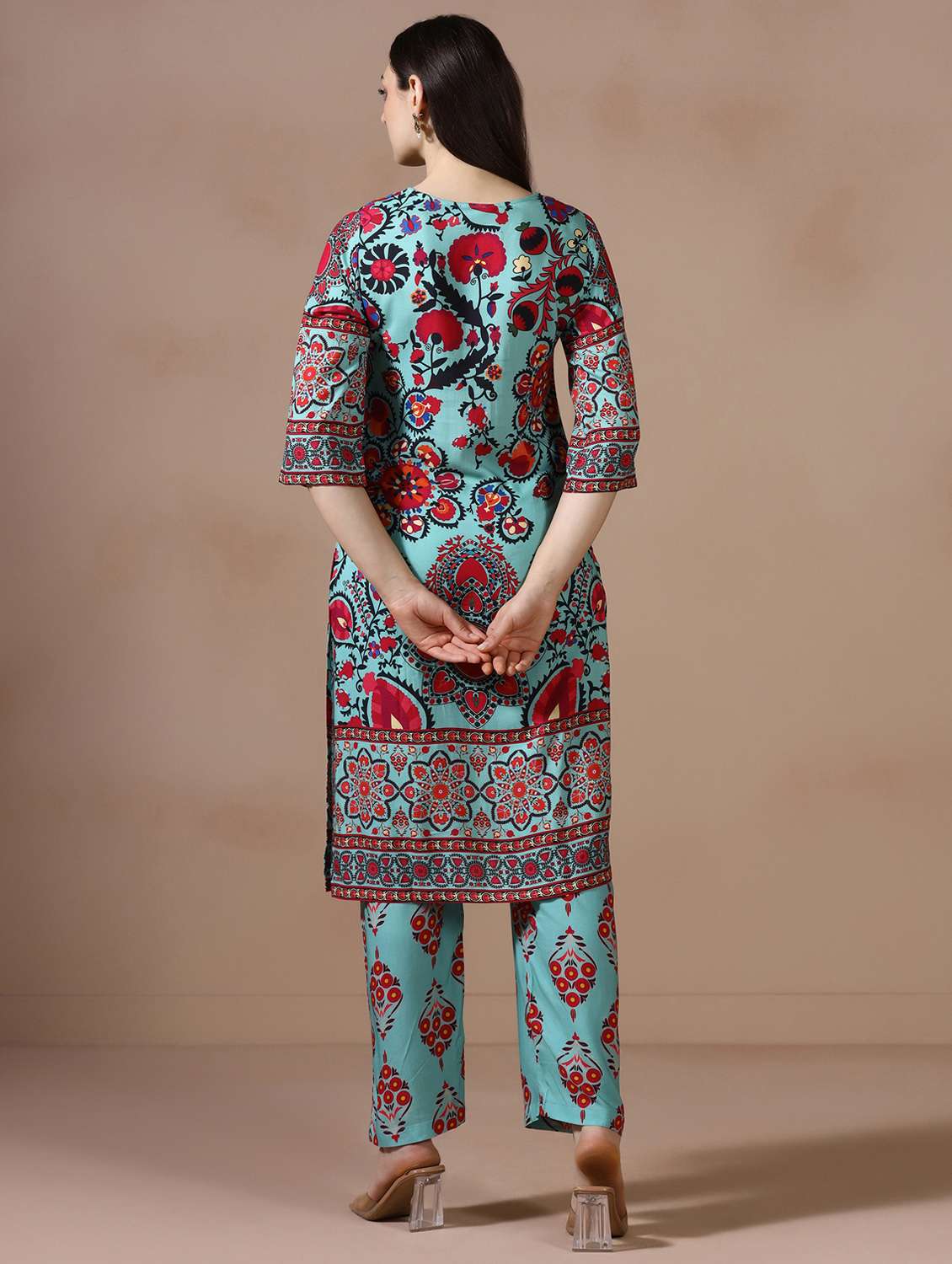 women printed three quarter sleeve kurta pant set - 22502095 -  Standard Image - 4