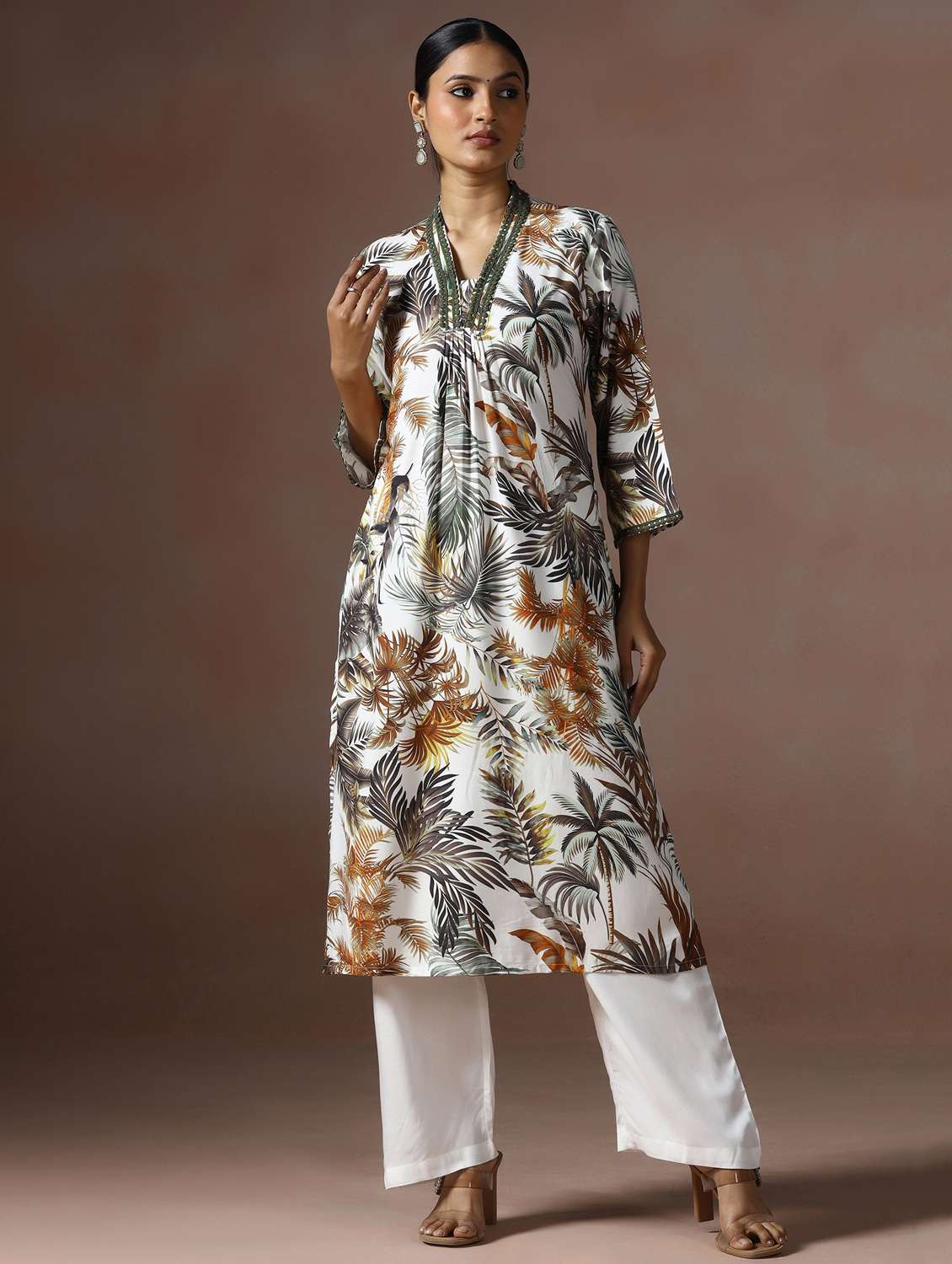 women printed three quarter sleeve kurta pant set - 22502098 -  Standard Image - 1