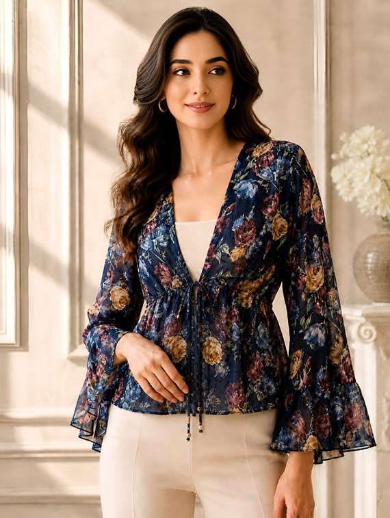 women printed bell sleeves peplum top - 22502100 -  Standard Image - 1