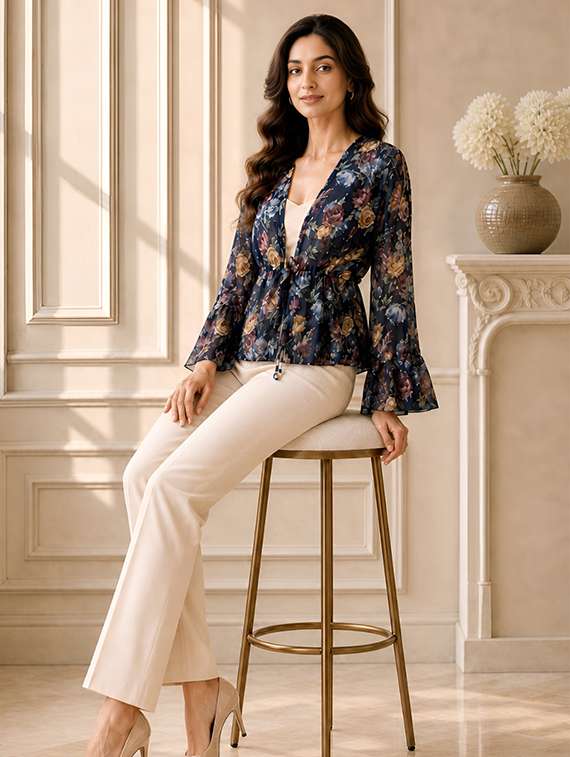 women printed bell sleeves peplum top - 22502100 -  Standard Image - 4