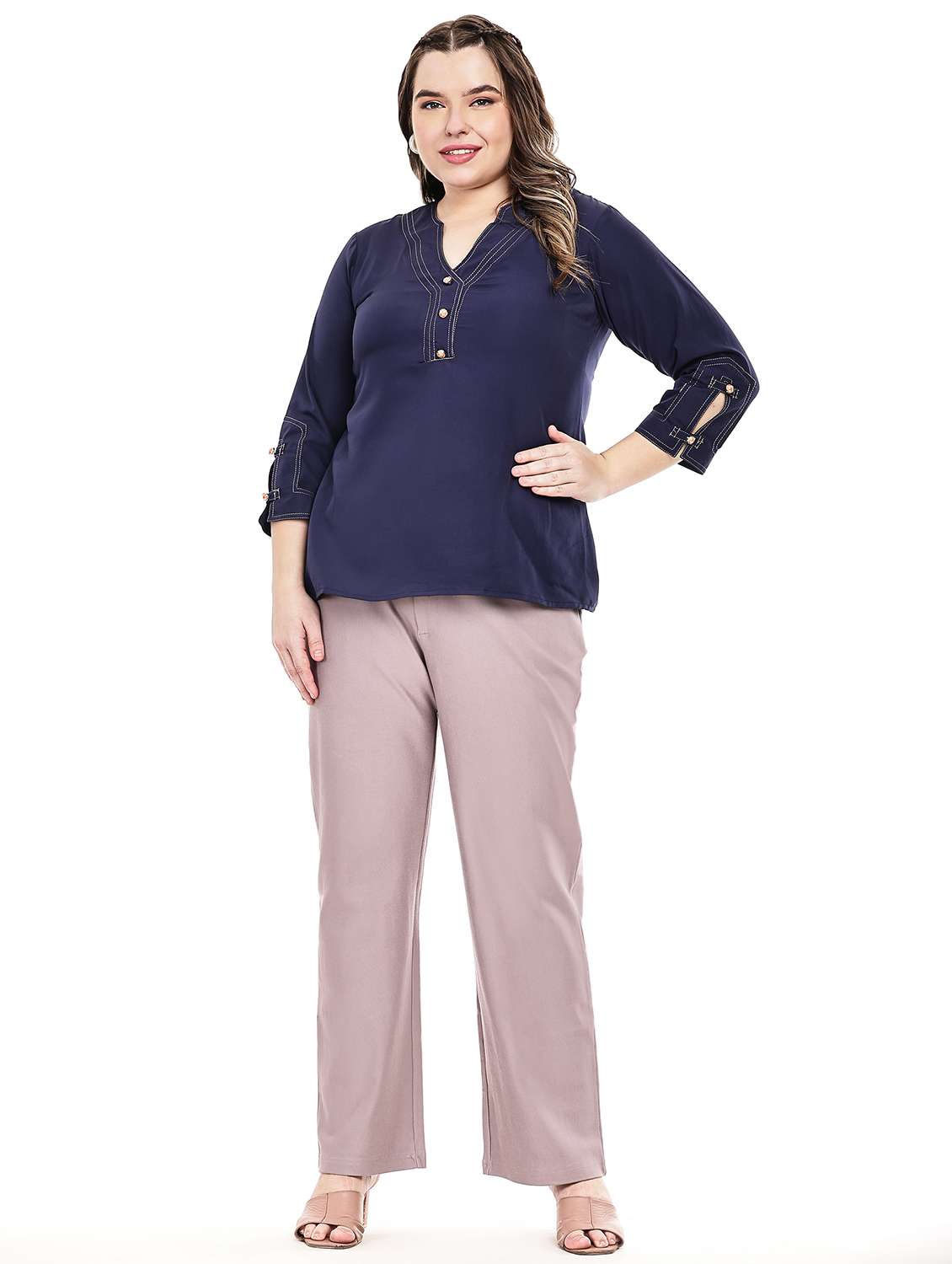 women solid three quarter sleeve regular top - 22502118 -  Standard Image - 4