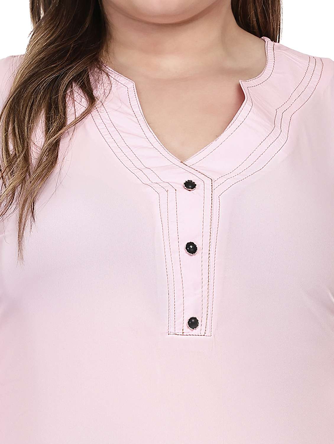 women solid notch neck three quarter sleeves top - 22502121 -  Standard Image - 1