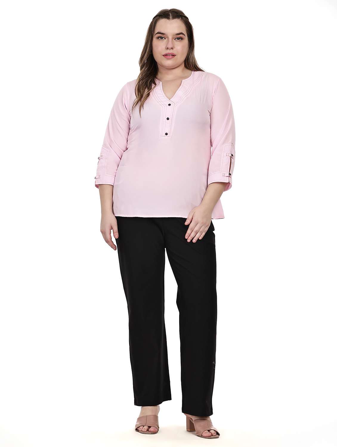 women solid notch neck three quarter sleeves top - 22502121 -  Standard Image - 4
