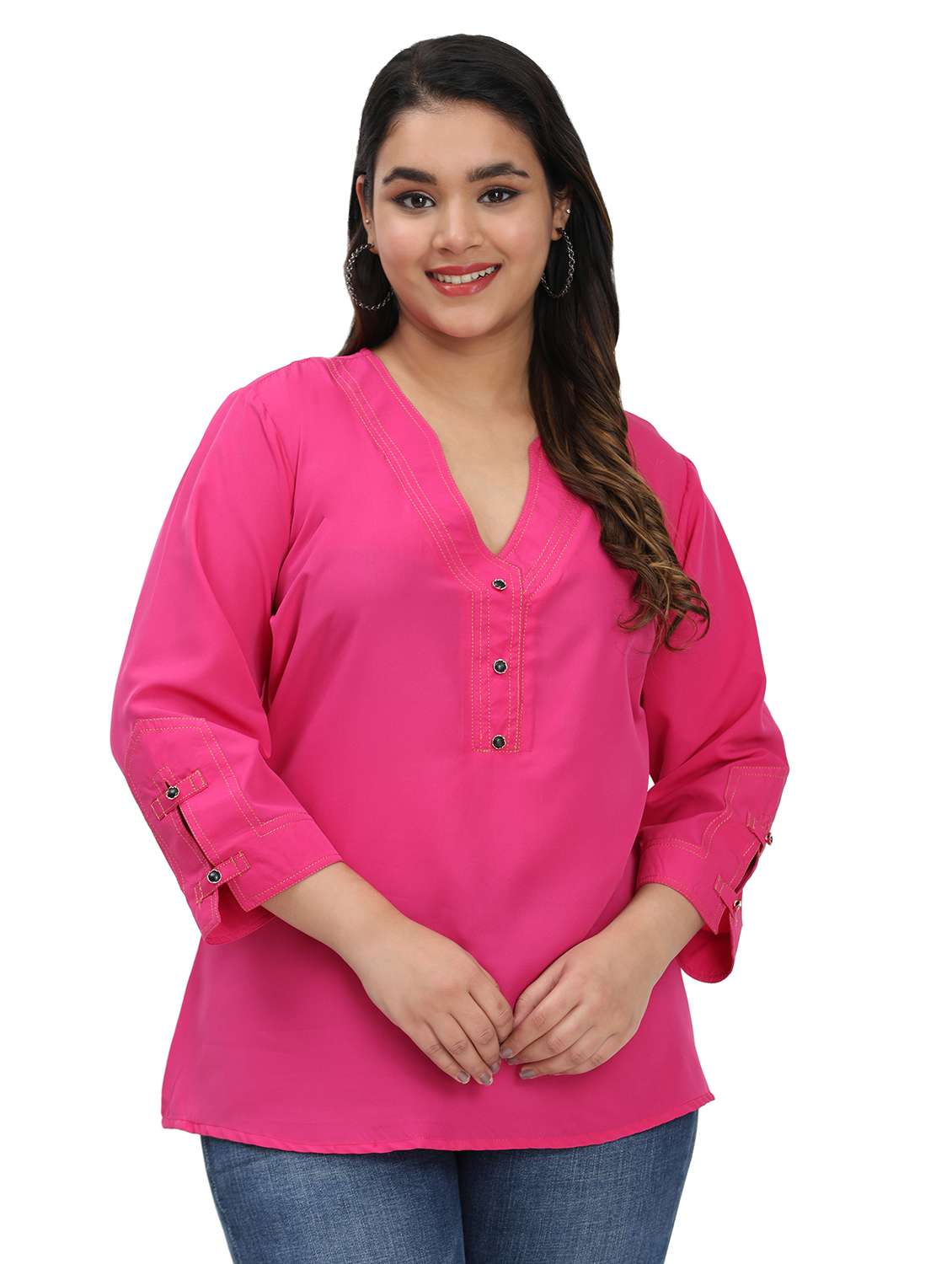 women solid notch neck three quarter sleeves top