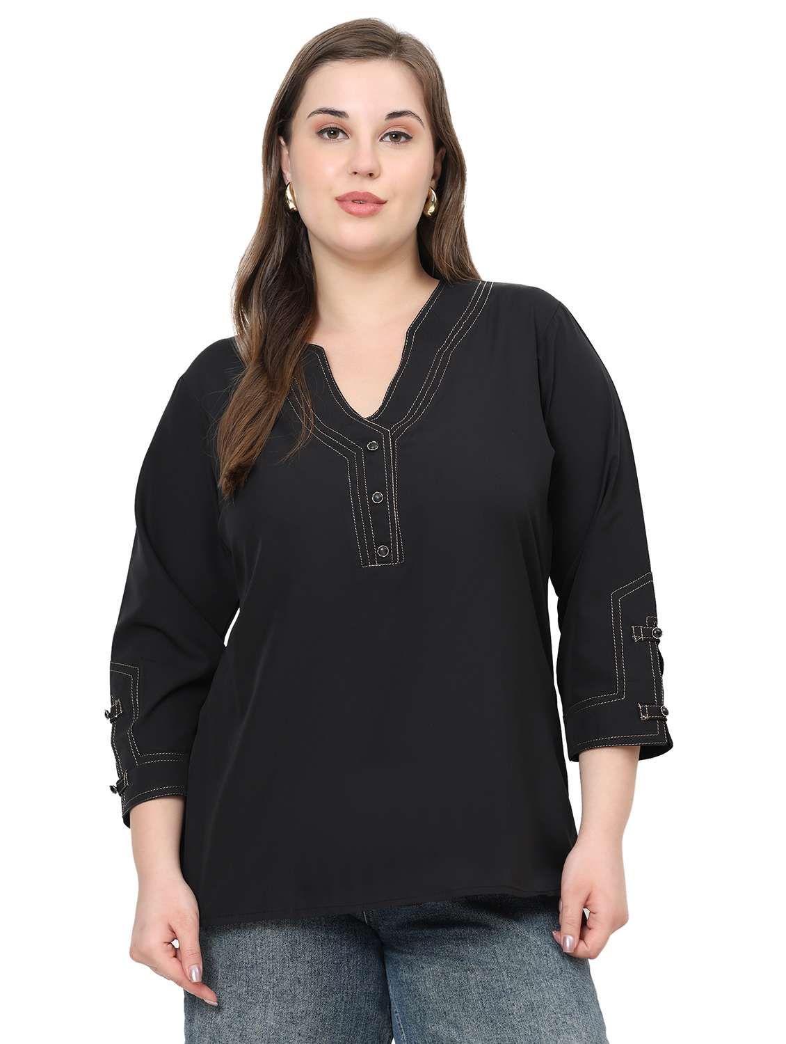 women solid notch neck three quarter sleeve top